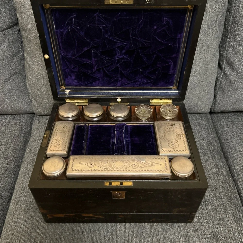 Antique Victorian Coromandel Traveling Vanity Box Brass Inlay Secret Doors